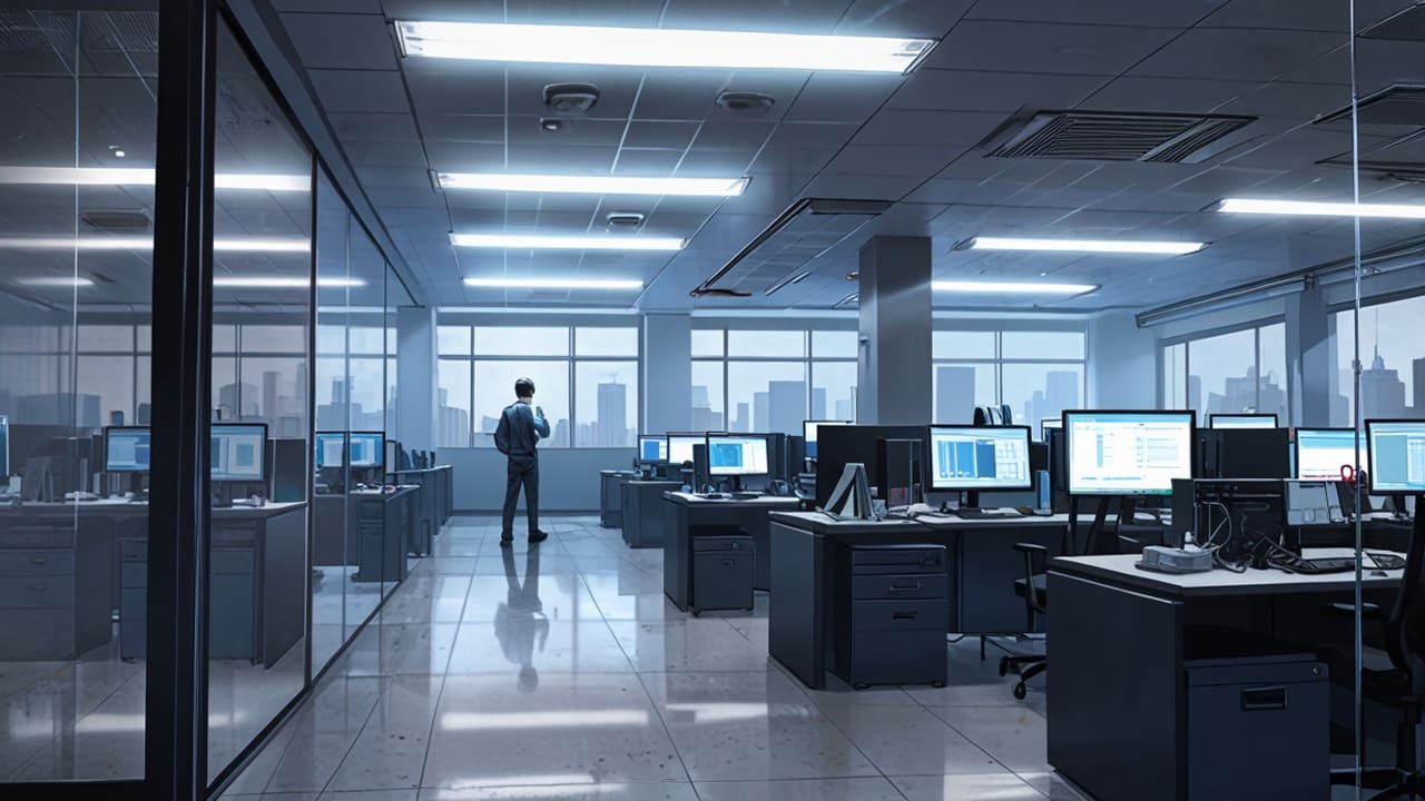 Vista área de una moderna oficina tecnológica llena de pantallas y servidores.