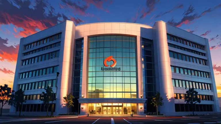 Edificio moderno de oficinas con un logotipo bancario al atardecer