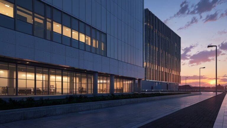 Exterior moderno de un centro de convenciones con arquitectura vanguardista al amanecer