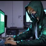 Oficina moderna y tecnológica con computadoras de alta tecnología y gráficos de ciberseguridad en pantallas.