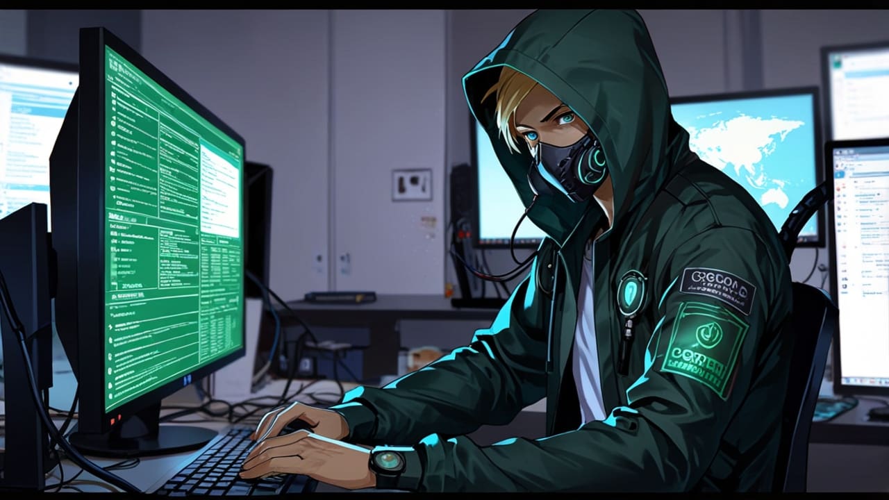 Oficina moderna y tecnológica con computadoras de alta tecnología y gráficos de ciberseguridad en pantallas.