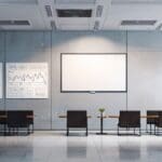 Moderna sala de juntas de una empresa con gráficos y pantallas tecnológicas.