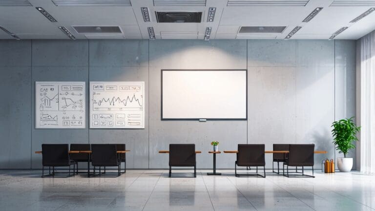 Moderna sala de juntas de una empresa con gráficos y pantallas tecnológicas.