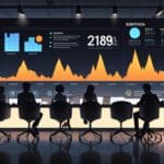 Reunión de ejecutivos en una mesa negra moderna con gráficos de startups en una pantalla.