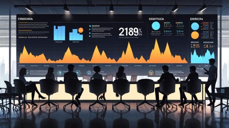 Reunión de ejecutivos en una mesa negra moderna con gráficos de startups en una pantalla.