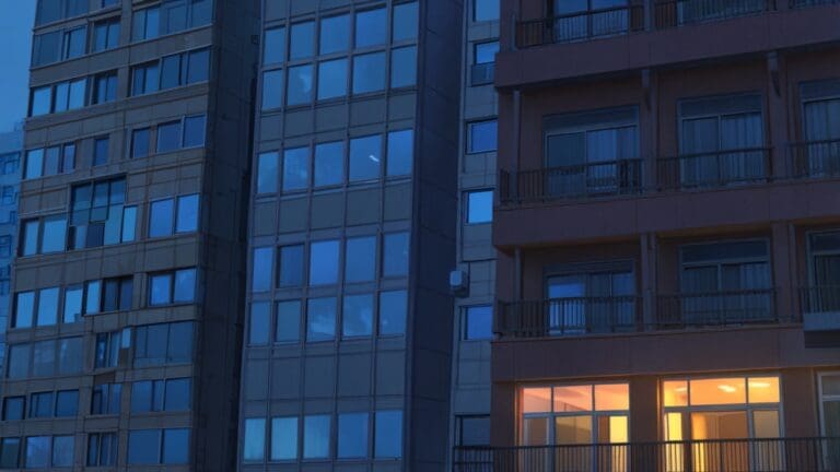 Edificios modernos iluminados al anochecer en un entorno urbano tecnológico