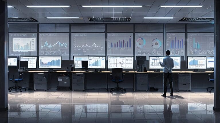 Interior de una oficina moderna con pantallas que muestran análisis de datos en tiempo real en un entorno tecnológico