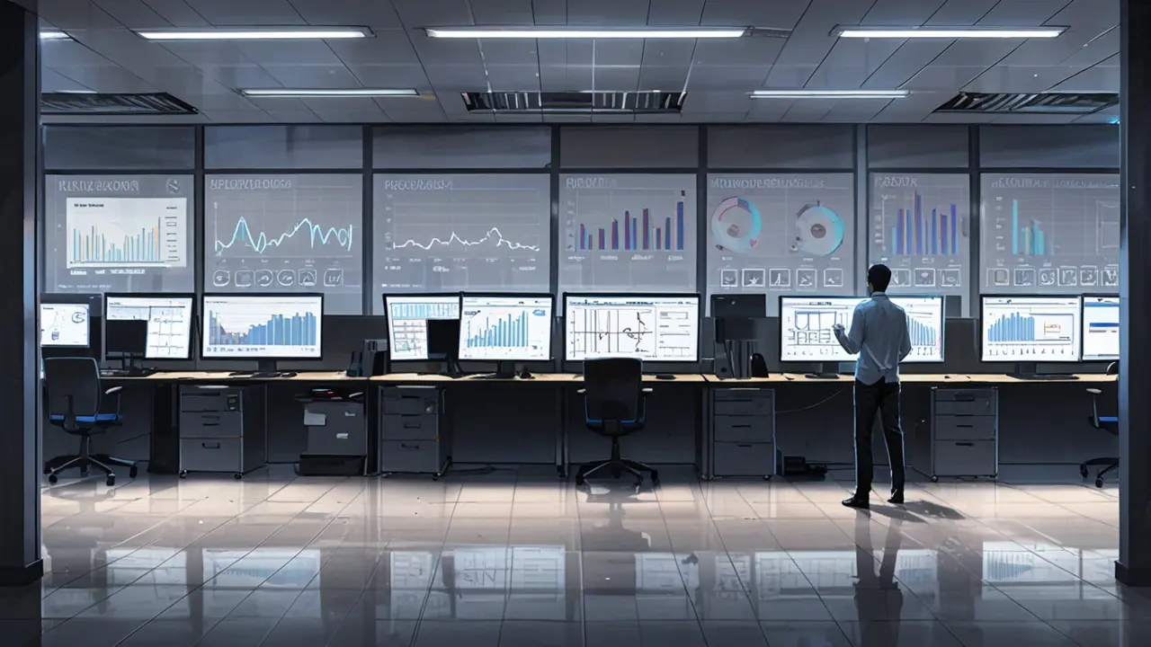 Interior de una oficina moderna con pantallas que muestran análisis de datos en tiempo real en un entorno tecnológico