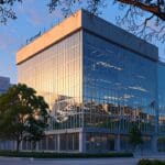 Edificio moderno de oficinas con luz de tarde en un parque tecnológico rodeado de árboles