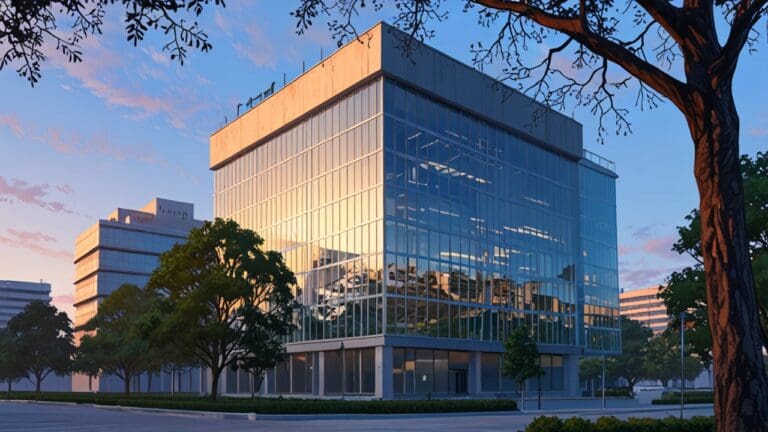 Edificio moderno de oficinas con luz de tarde en un parque tecnológico rodeado de árboles