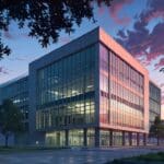 Edificio moderno de oficinas en un parque tecnológico en Valladolid al atardecer