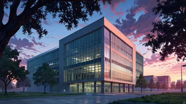 Edificio moderno de oficinas en un parque tecnológico en Valladolid al atardecer