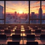 Vista panorámica de un moderno centro de conferencias en una ciudad costera al atardecer