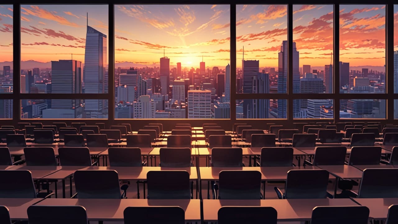 Vista panorámica de un moderno centro de conferencias en una ciudad costera al atardecer