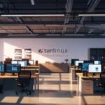 Panorámica de una moderna oficina de startup tecnológica con material de trabajo y computadoras