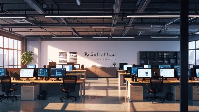 Panorámica de una moderna oficina de startup tecnológica con material de trabajo y computadoras