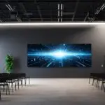 Sala de conferencias moderna con un mural digital de innovaciones tecnológicas