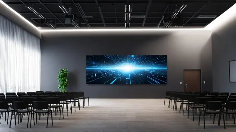 Sala de conferencias moderna con un mural digital de innovaciones tecnológicas