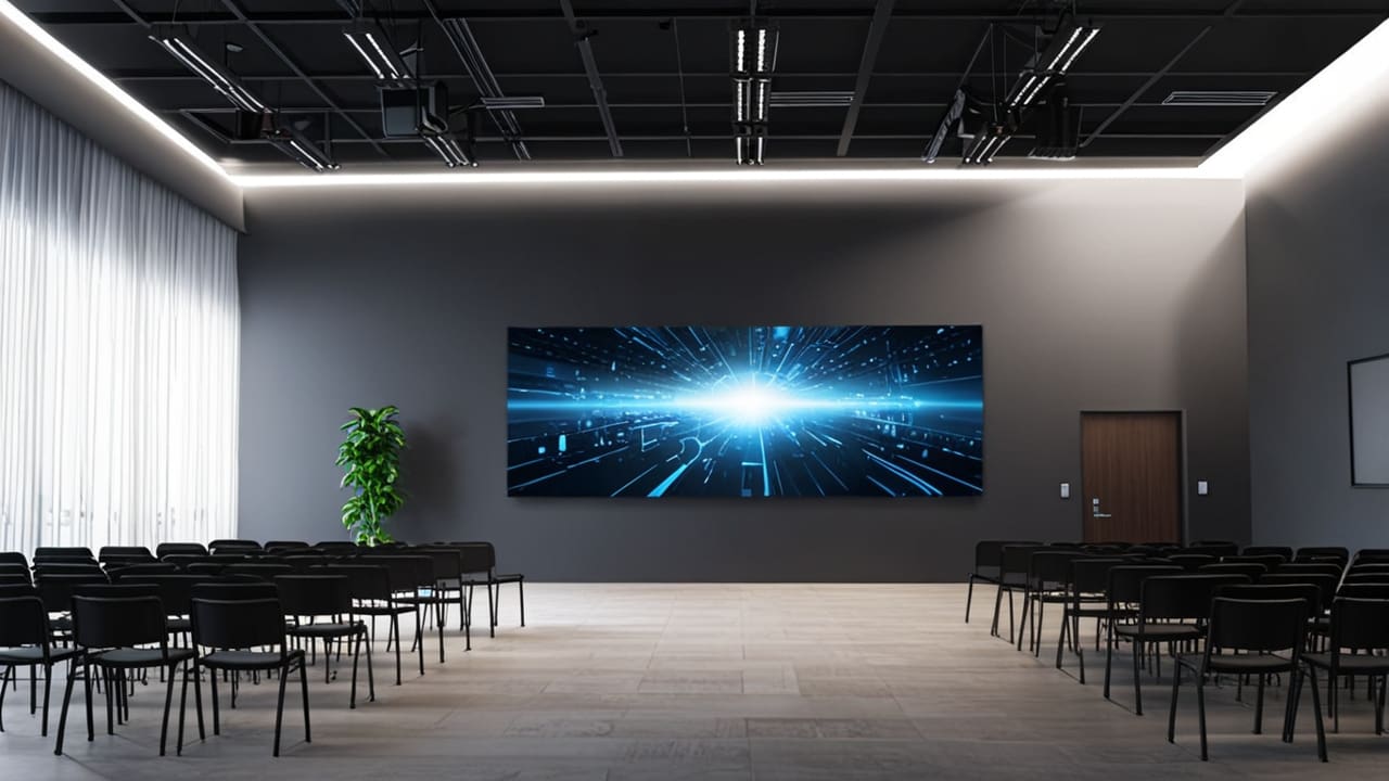 Sala de conferencias moderna con un mural digital de innovaciones tecnológicas