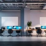 Espacio moderno de coworking con dispositivos tecnológicos y pantallas LCD.