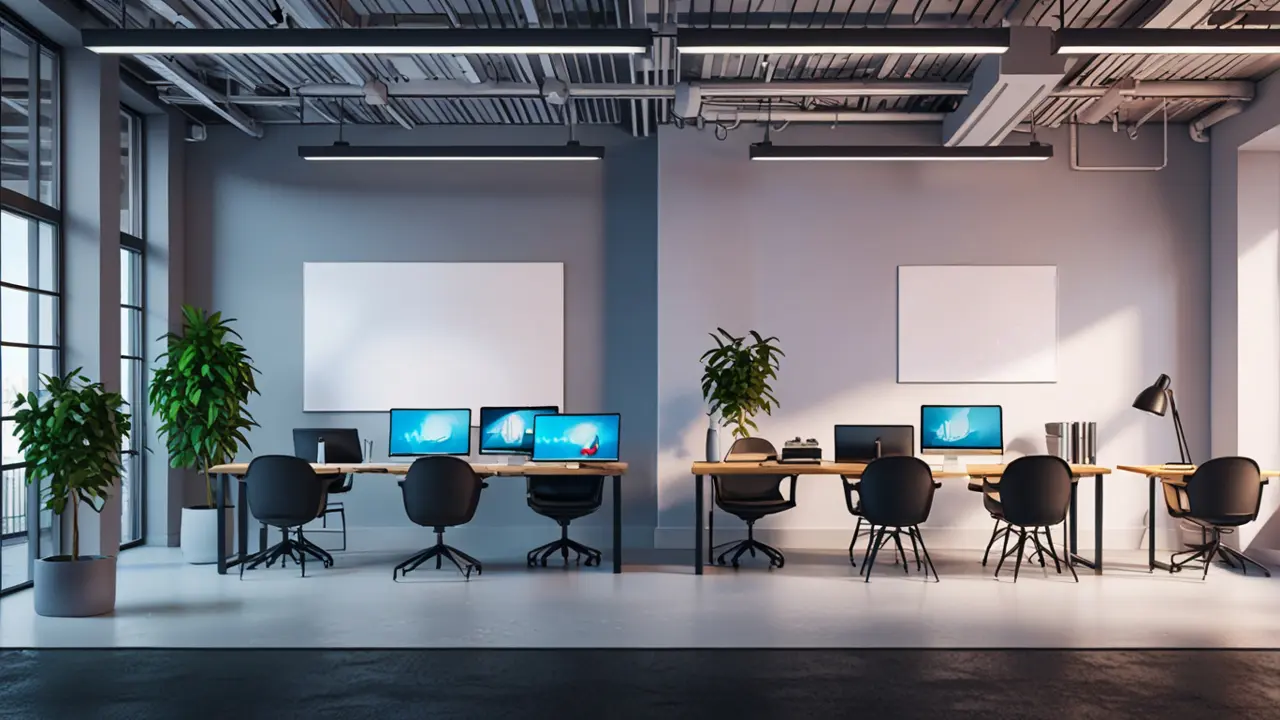 Espacio moderno de coworking con dispositivos tecnológicos y pantallas LCD.