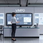 Oficina moderna con equipos de alta tecnología y pantallas mostrando contenido digital innovador