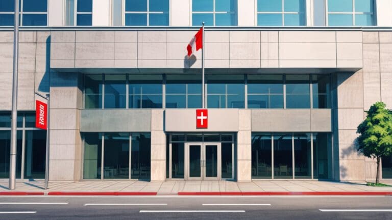 Fachada moderna de oficina tecnológica con bandera peruana