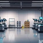 Vista de un almacén moderno con robots y sistemas automatizados organizando mercancías