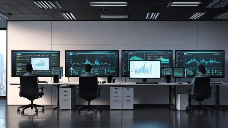 Moderna oficina corporativa con computadores y pantallas mostrando gráficos de datos tecnológicos