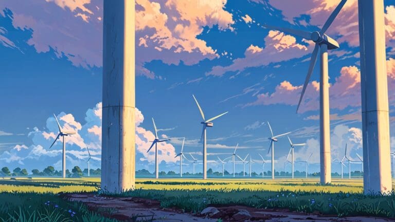 Parque eólico moderno con aerogeneradores de diseño innovador al amanecer, cielo claro