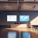 Sala de conferencias moderna con pantallas y gráficos de inversión en una ciudad tecnológica