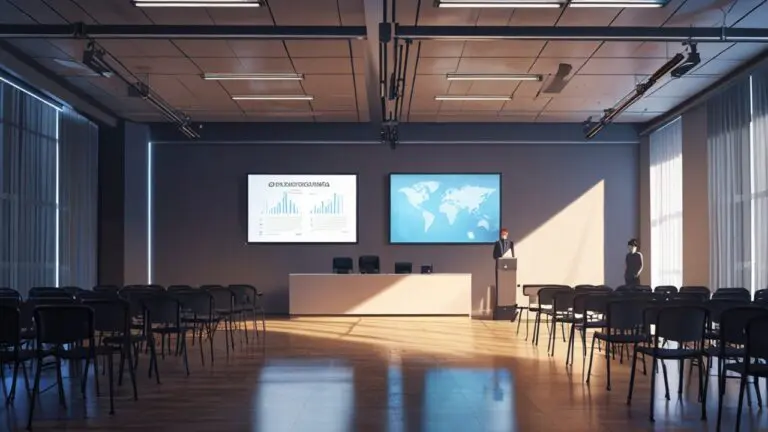 Sala de conferencias moderna con pantallas y gráficos de inversión en una ciudad tecnológica