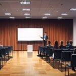 Salón de conferencias moderno con pantallas grandes y asistentes atentos a una presentación