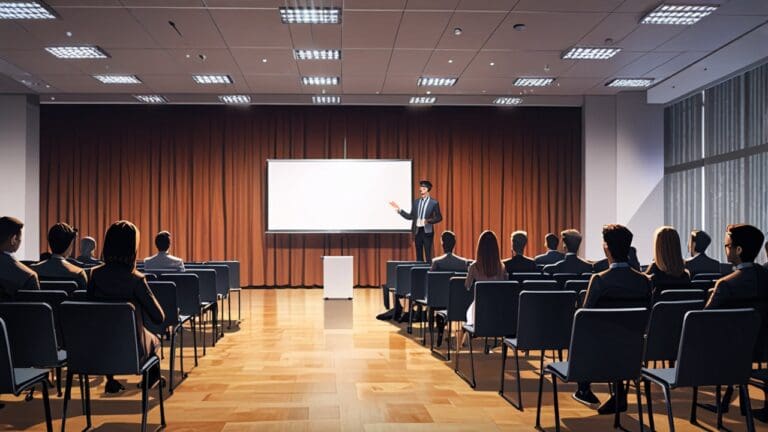 Salón de conferencias moderno con pantallas grandes y asistentes atentos a una presentación