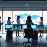 Oficina moderna con equipos de tecnología de vanguardia y pantallas de código.