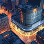 Vista aérea de un moderno centro tecnológico con edificios futuristas al atardecer