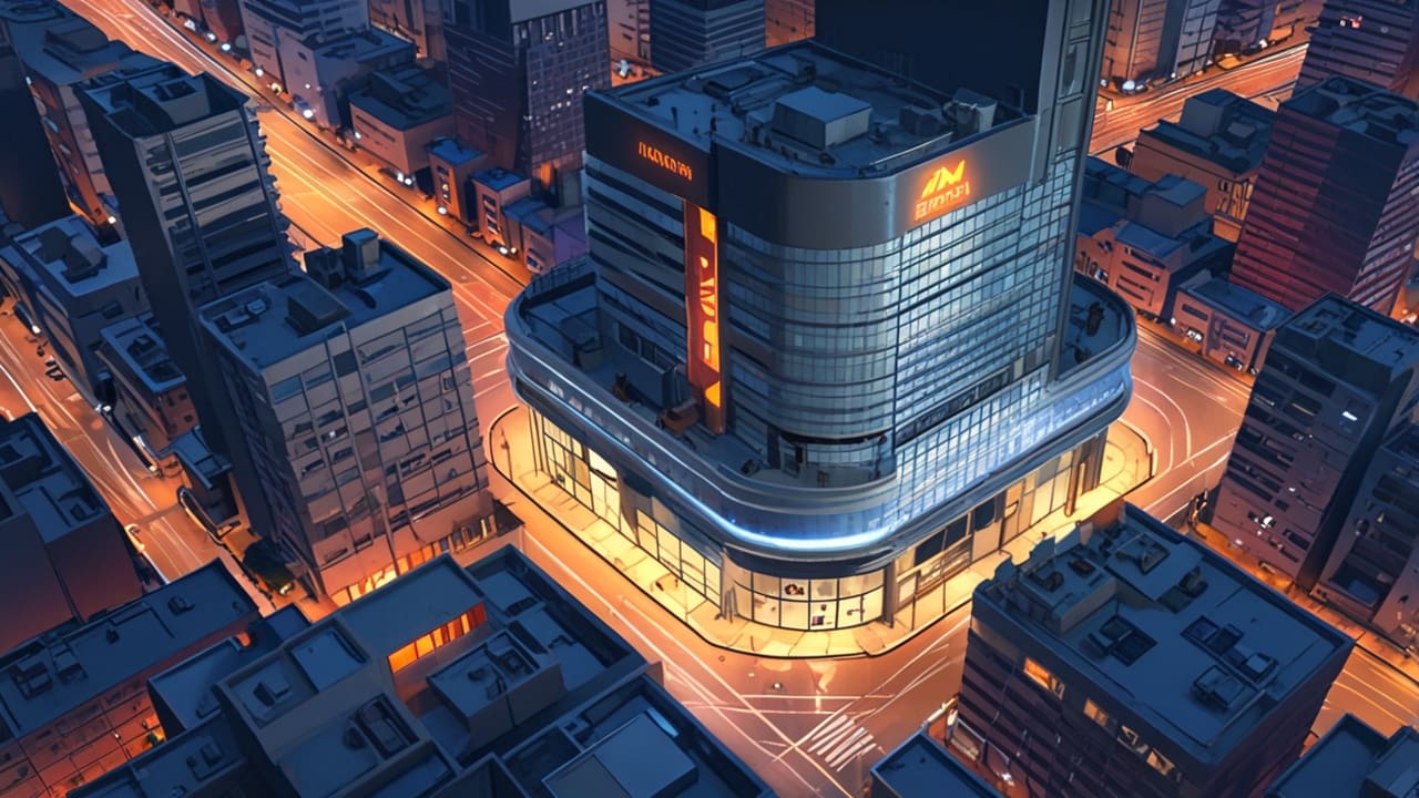 Vista aérea de un moderno centro tecnológico con edificios futuristas al atardecer