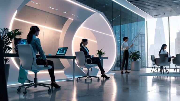 Oficinas modernas y futuristas con elementos tecnológicos innovadores.
