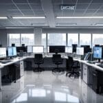 Interior de una oficina moderna con equipos tecnológicos avanzados y pantallas de computadoras mostrando gráficos de IA.