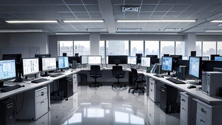 Interior de una oficina moderna con equipos tecnológicos avanzados y pantallas de computadoras mostrando gráficos de IA.