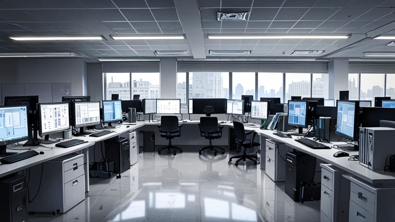 Interior de una oficina moderna con equipos tecnológicos avanzados y pantallas de computadoras mostrando gráficos de IA.