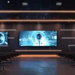 Interior de una sala moderna de conferencias con pantallas digitales y gráficos futuristas de IA en las paredes