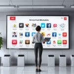 Diseño 3D de una oficina moderna con pantallas mostrando redes sociales digitales