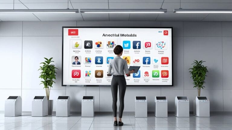 Diseño 3D de una oficina moderna con pantallas mostrando redes sociales digitales