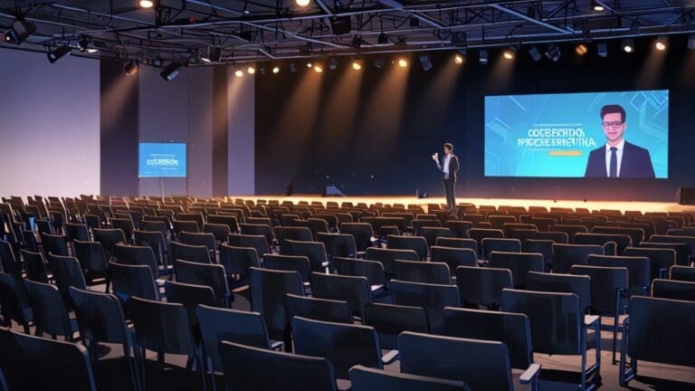Escena profesional de un evento tecnológico con presentaciones y asistentes concentrados