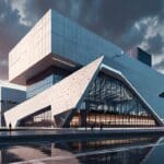 Edificio moderno con diseño futurista y tecnológicos logros en exhibición