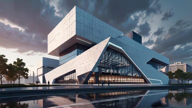 Edificio moderno con diseño futurista y tecnológicos logros en exhibición