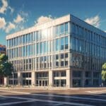 Edificio moderno de oficinas en el centro de Madrid, rodeado de tecnología.