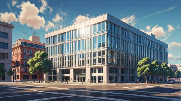 Edificio moderno de oficinas en el centro de Madrid, rodeado de tecnología.