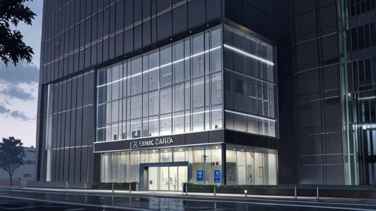 Fachada moderna de un edificio bancario con diseño innovador y tecnológico, en un entorno urbano sofisticado.